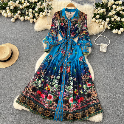 SINGREINY Vintage Print Chiffon Dresses Women Lantern Sleeve O Neck Design Fashion High Quality Court Floral Pleated Long Dress