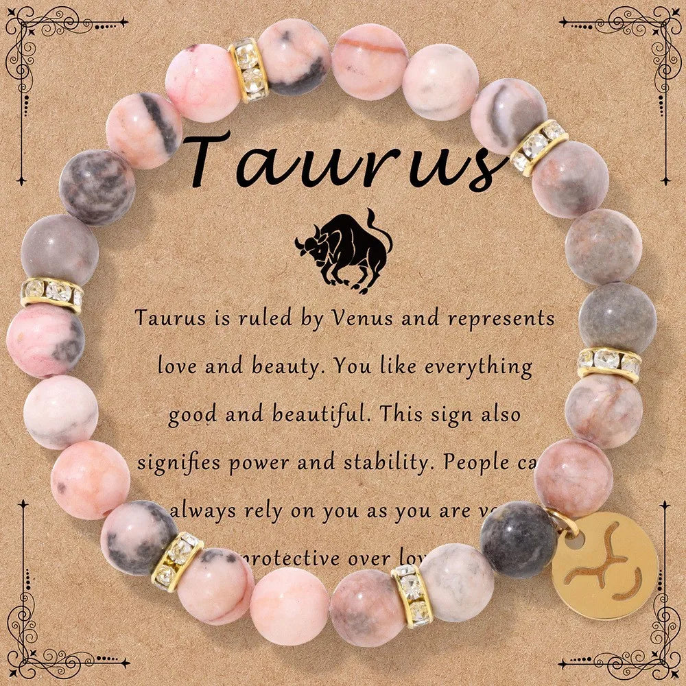 MHS.SUN 12 Star Zodiac Sign Pink Zebra Stone Beaded Bracelets Constellation Fashion Birthday Party Jewelry For Women Men