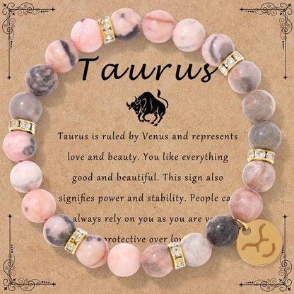 MHS.SUN 12 Star Zodiac Sign Pink Zebra Stone Beaded Bracelets Constellation Fashion Birthday Party Jewelry For Women Men