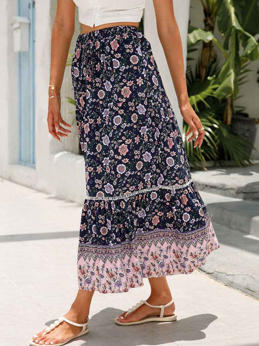 Women Long Skirt Elegant Elastic Waist Floral Flowy Summer Swing Skirt for Casual Daily
