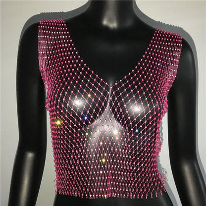 Women's Fishnet Rhinestone Crop Top 2024 Summer Sexy Mesh High Elastic Black White Shirt Net See Through Rave Diamond Tank Top - AMULET RING STORE