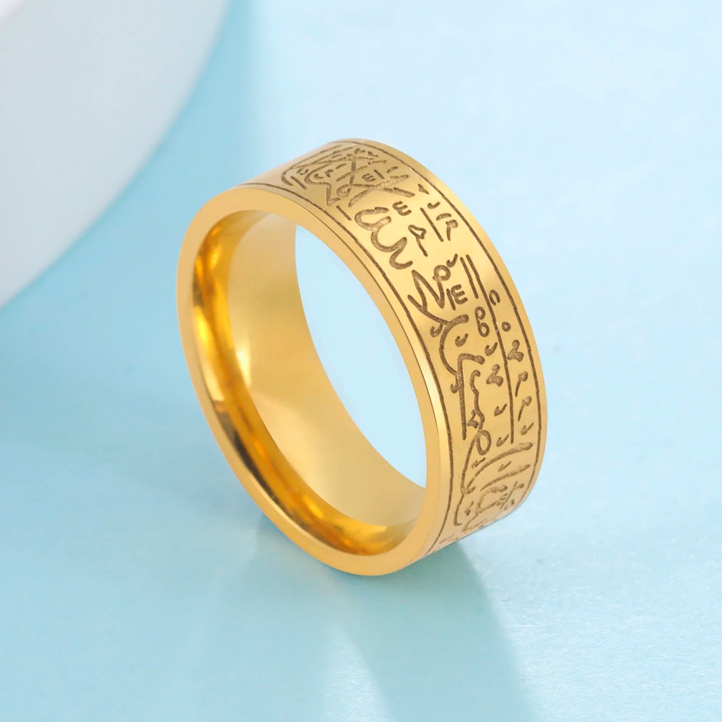 Jeshayuan Quran Rings Muslim Islamic Halal Ring Arabic God Stainless Steel 8mm Wide Religious Allah Ring For Men