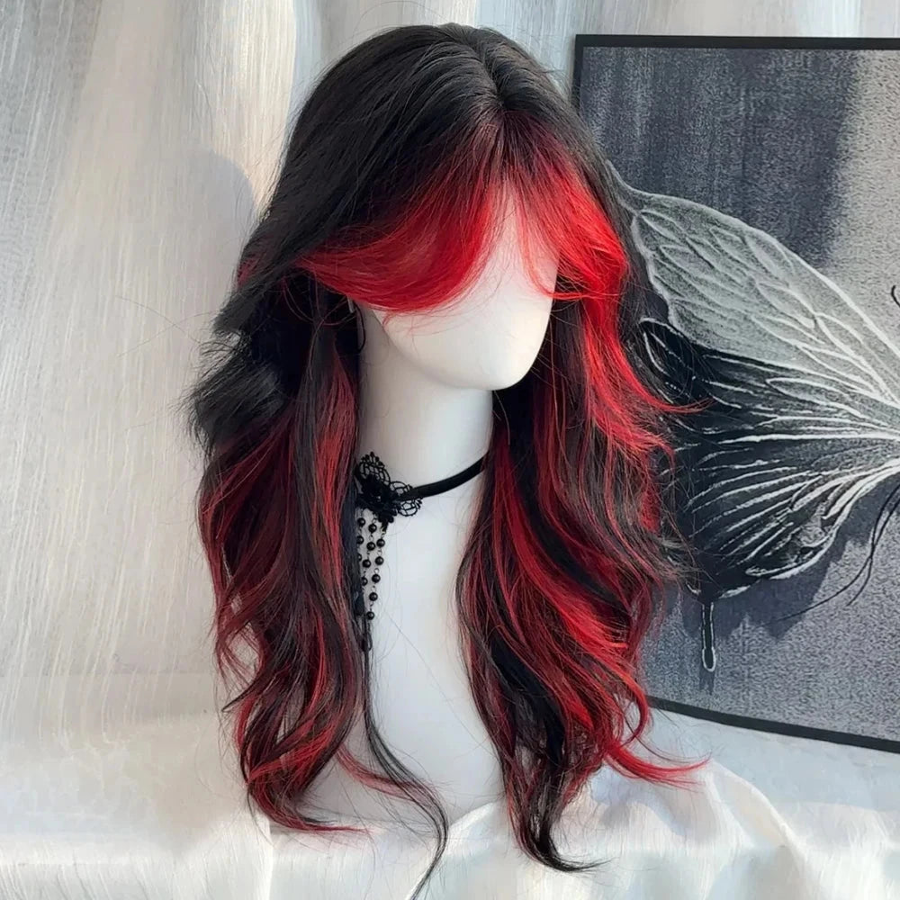 Black Ombre Red Layered Wig Synthetic Long Wavy Women Fluffy Lolita Style Cosplay Wig Middle Part for Daily Party - AMULET RING STORE