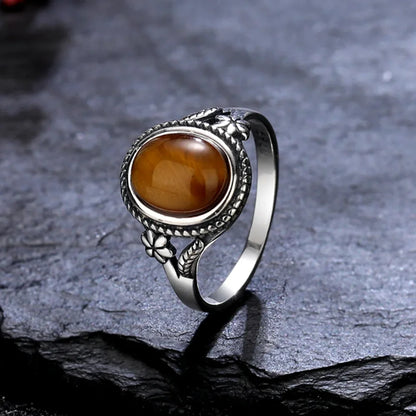 Natural 8*10MM Tiger's Eye Stone Finger Ring Fashion Jewelry Rings for Women Gift S925 Silver Flower Shaped Ring