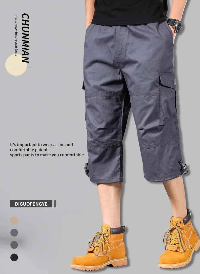 Summer Men's Cargo Shorts Loose Casual Below Knee Pants Elastic Waist Plus Size Outdoor Jogging Tactical Capri Pants