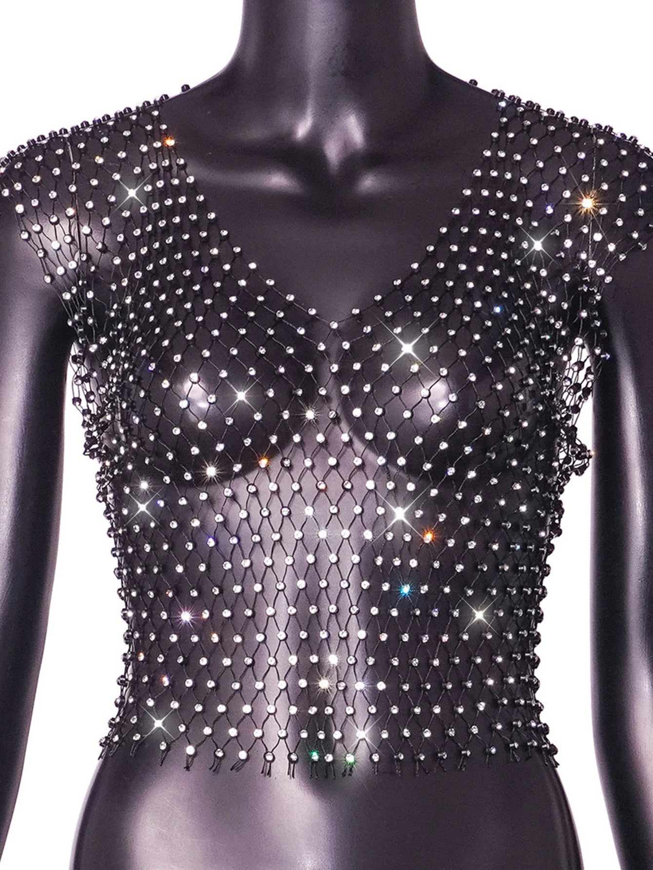 Sexy see through black rhinestone Crop Top Women 2025 Summer Sparkly fishnet beach Party Tank Top night club outfits Tops smock - AMULET RING STORE