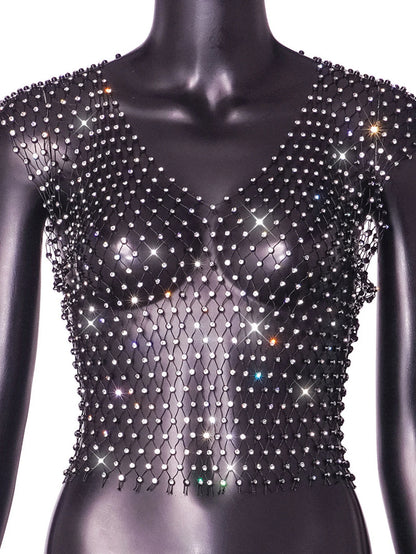 Sexy see through black rhinestone Crop Top Women 2025 Summer Sparkly fishnet beach Party Tank Top night club outfits Tops smock - AMULET RING STORE