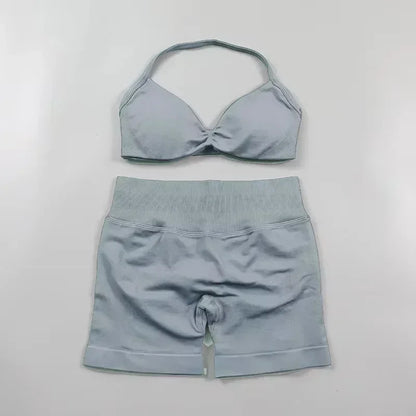 2PCS Yoga Gym Set Women Seamless Strappy Yoga Bra Top High Waist Workout Scrunch Shorts Sports Suit Fitness Clothes Sportswear