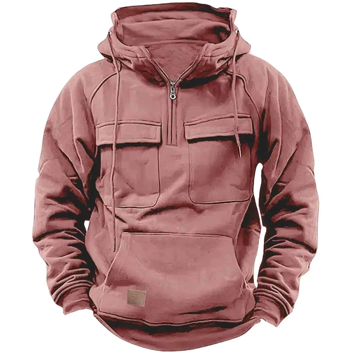Men's half-zip tactical hooded sweatshirt, solid-color warm fleece workwear style sweatshirt, men's multi-pocket hooded jacket