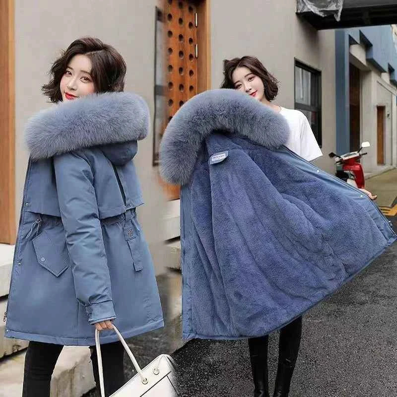 2025 Winter Women's Parka Cotton Padded Coat Korean Style Mid Length Waist Cinching Thickened for Cold Suitable for Short Girls
