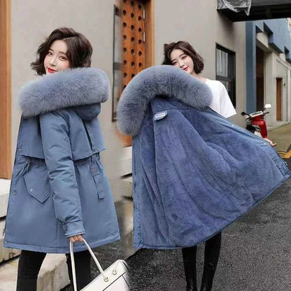 2025 Winter Women's Parka Cotton Padded Coat Korean Style Mid Length Waist Cinching Thickened for Cold Suitable for Short Girls
