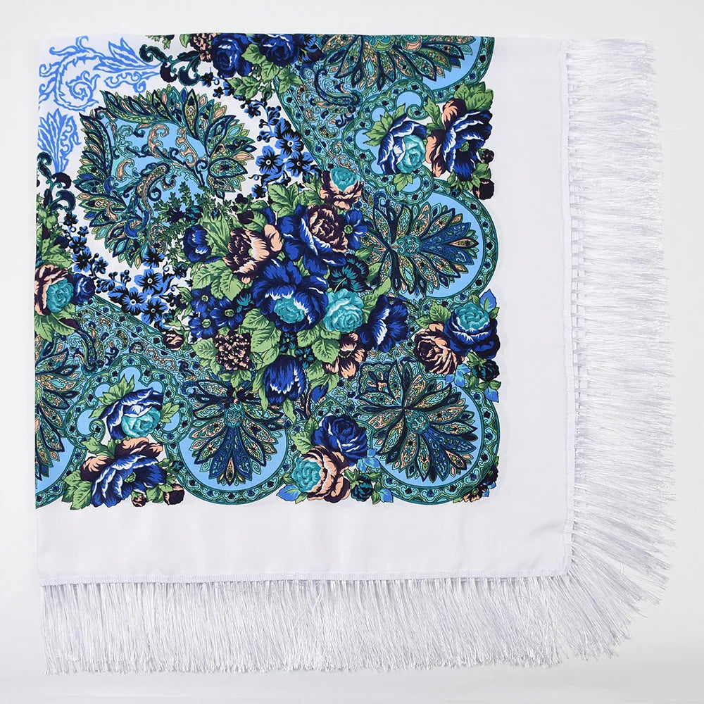 Russian Scarf Head Wrap for Women Luxury Ukrainian Manila Shawls Folk Cotton 160cm National Shawl Floral Print Travel Bandana - AMULET RING STORE
