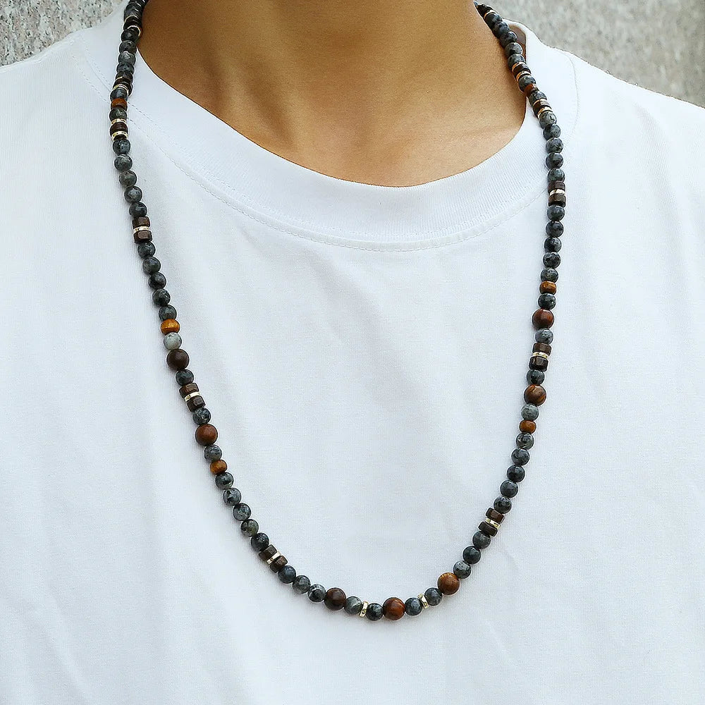 1PC Man's Vintage Bohemia Natural Flash Stone Long Beaded Necklace for Men Tribal Boho Long Wooden Beads Necklace Men Jewelry