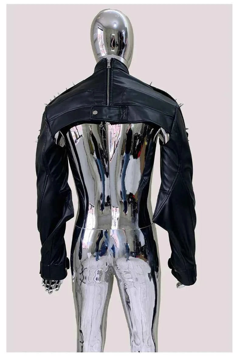 Mauroicardi Spring Autumn Cool Black Cropped Faux Leather Jacket Men Rivet Long Sleeve Zip Up Luxury Punk Style Emo Clothes 2025