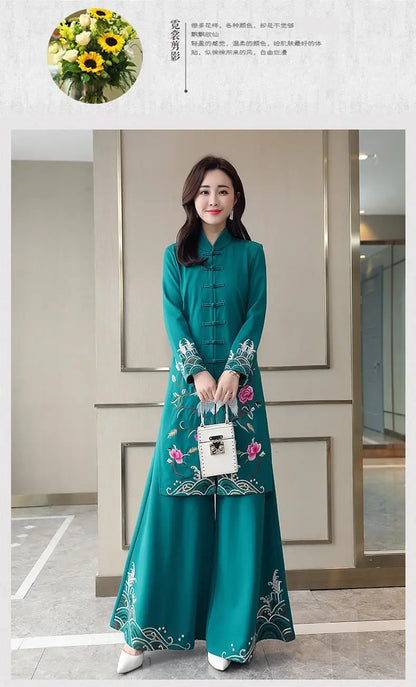Chinese Styles Vintage Women Hanfu Midi Qipao Two Pieces China Traditional Clothing Pants Set Tang Suit Robe Orientale Clothes