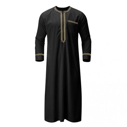 Traditional Muslim Clothing Men's Muslim Shirt robe embroidery Islamic Royalty Dubai Robe O-Neck Long Sleeve Retro Loose Abaya - AMULET RING STORE