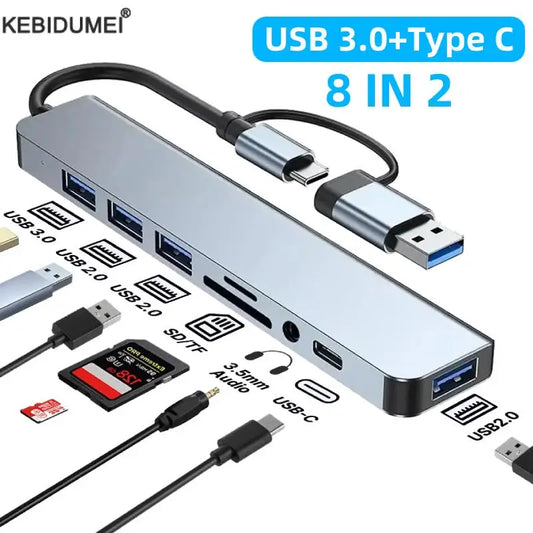 USB 3.0 Type C Adapter Docking Ststion USB 2.0 Port TF SD Card Reader Audio Output Multi-hub Splitter for Macbook Pro Computer - AMULET RING STORE