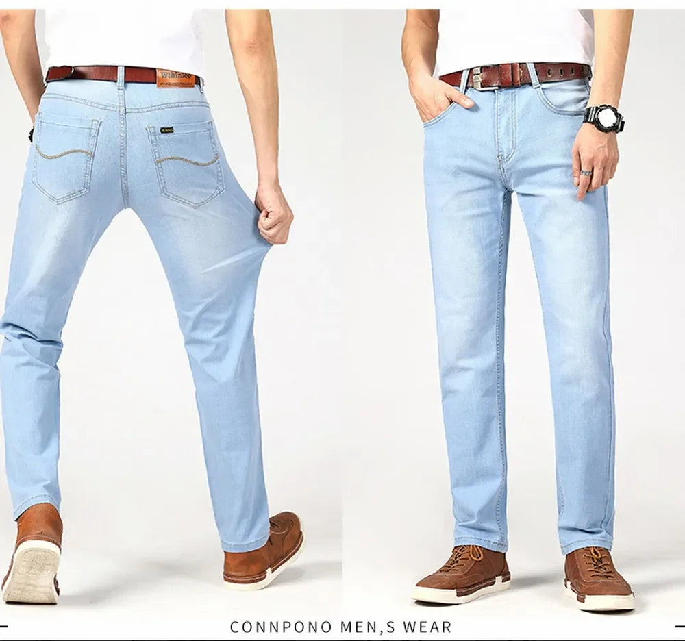 Brand Jeans 2025 Summer Business Jeans Men Light Blue Casual Straight Stretch Fashion Classic Work Denim Trousers Male Clothing