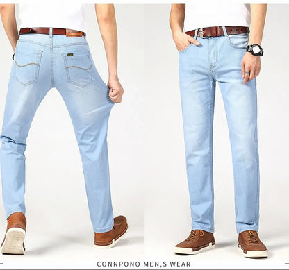 Brand Jeans 2025 Summer Business Jeans Men Light Blue Casual Straight Stretch Fashion Classic Work Denim Trousers Male Clothing