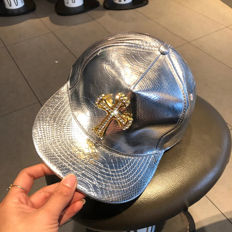 Leather Hip Hop Hat Street Personality Fashion Play Cool Baseball Cap Stage Show Hip Hop Dance Unisex Flat Brim Hats - AMULET RING STORE