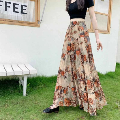 Retro Floral Pleated to Ankle f Skirt Women's Draped High Waist Midi A-Line Skirt Polyester Fiber Spring Season
