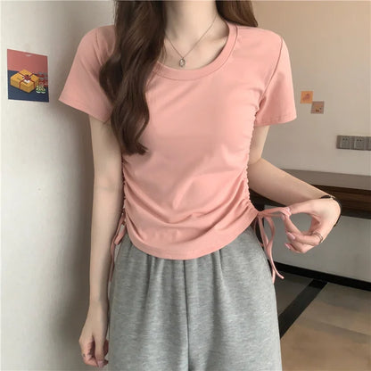 Drawstring Short Sleeve T-shirt Women Spring Summer Spicy Style Slim Fit Short Unique Top M L Xl 2XL Korean Casual Style - AMULET RING STORE