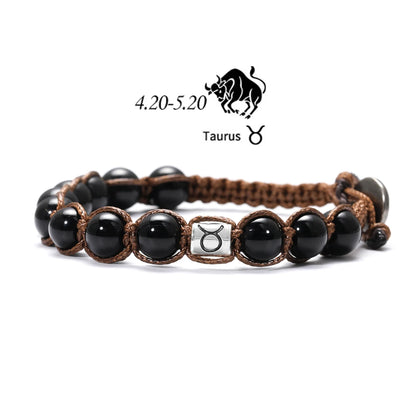 12 Zodiac Natural Stone Obsidian Hand-Woven Bracelets Cancer  Pisces Men's Bracelets Couples Friendship Jewelry pulseras hombre