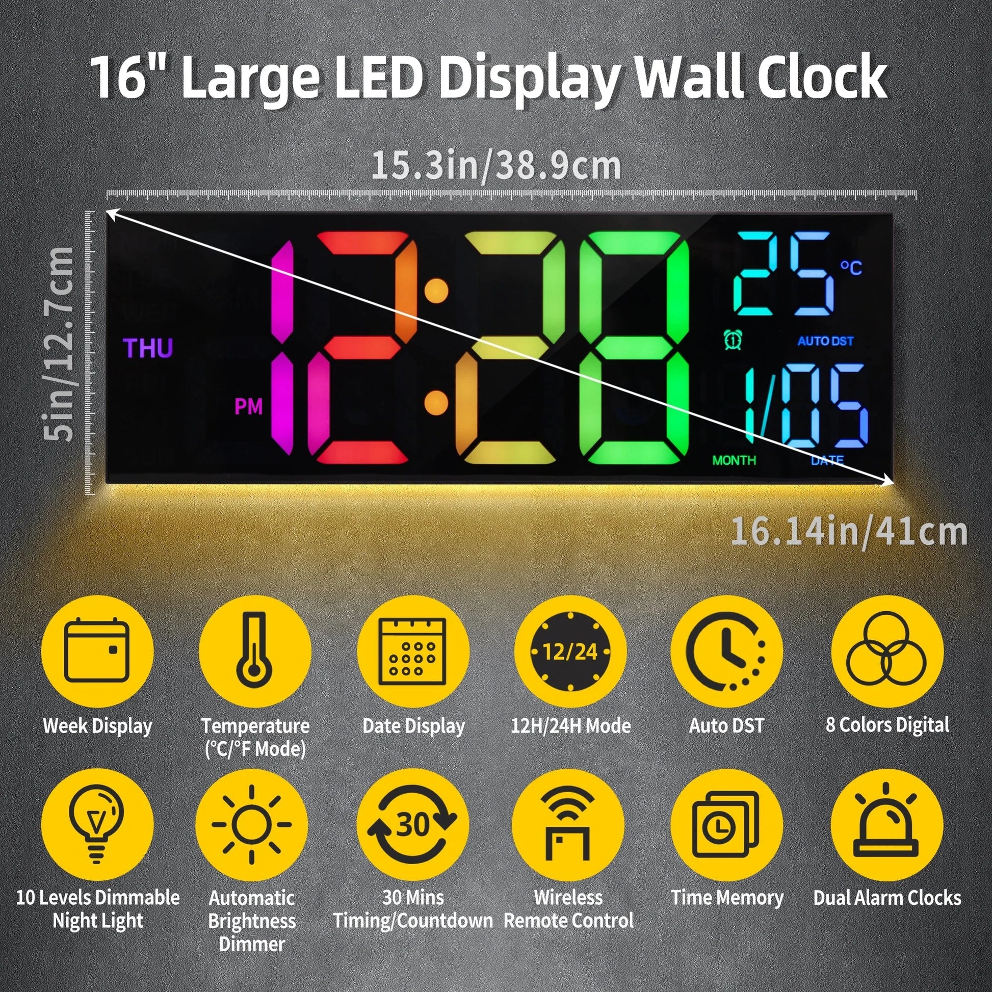 16" Large Digital Wall Clock, Big LED Display with Remote, 8 RGB Color, Alarm, DST, Temperature for Living Room, Kitchen