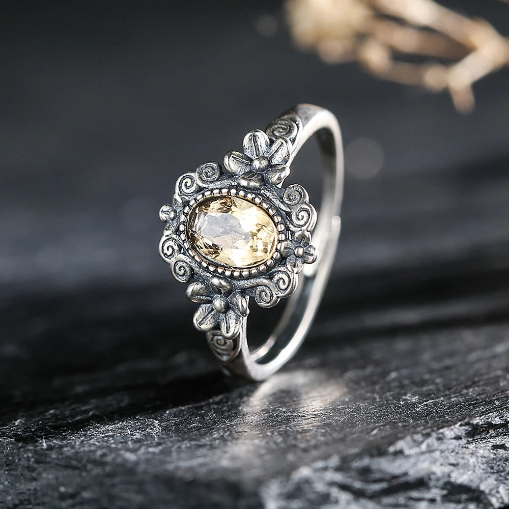 S925 Sterling Silver Citrine Ring Adjustable Stackable Bands Yellow Crystal November Birthstone Handmade Floral Boho Jewelry - AMULET RING STORE