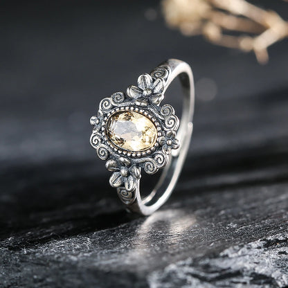 S925 Sterling Silver Citrine Ring Adjustable Stackable Bands Yellow Crystal November Birthstone Handmade Floral Boho Jewelry - AMULET RING STORE