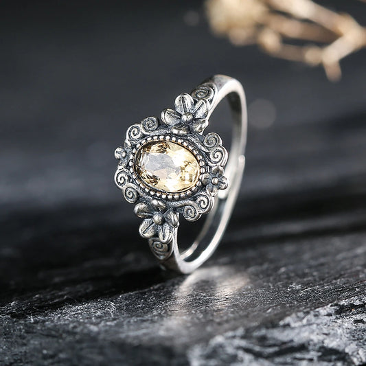 S925 Sterling Silver Citrine Ring Adjustable Stackable Bands Yellow Crystal November Birthstone Handmade Floral Boho Jewelry - AMULET RING STORE