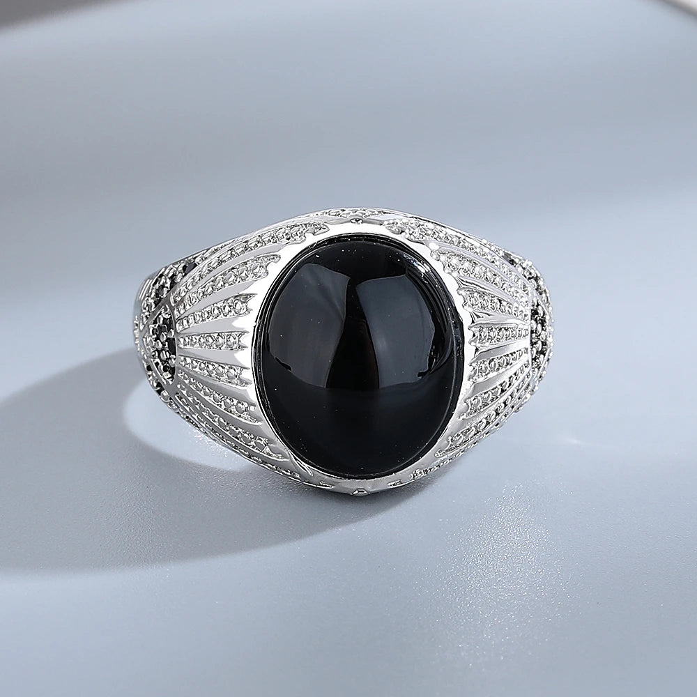 Silver Jewelry Ring Natural Oval Rectangle Big Black Agate Stone Vintage Ring For Women Party Anniversary Gifts Fine Jewelry