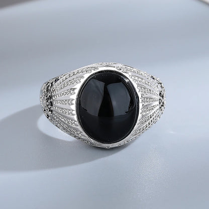 Silver Jewelry Ring Natural Oval Rectangle Big Black Agate Stone Vintage Ring For Women Party Anniversary Gifts Fine Jewelry