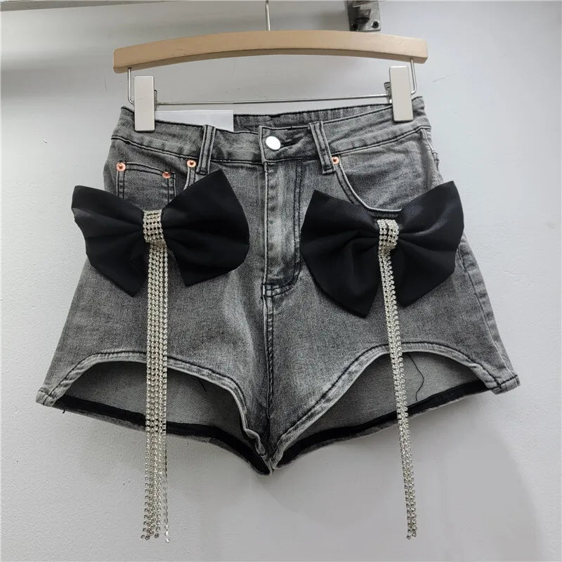 WTHT Trendy Women's Spliced 3D Bows Diamonds Tassel Denim Shorts 2025 Summer Trendy High Waist Hot Pants Female 1LS1367