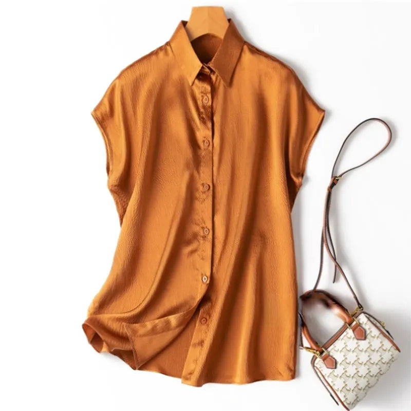 Women 100% Mulberry Silk 20 momme Heavy Silk Peacock Blue Collared Short Sleeve Buttons Down Shirt Top Blouse office work MM567