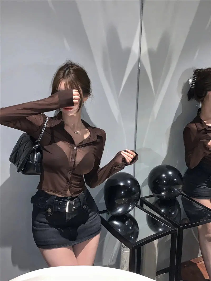 Bla Lace irt Sexy Thin Sun Protection Women's Summer New Pure Desire Versatile Slim ort Top Korean Sle Collar Lo... - AMULET RING STORE