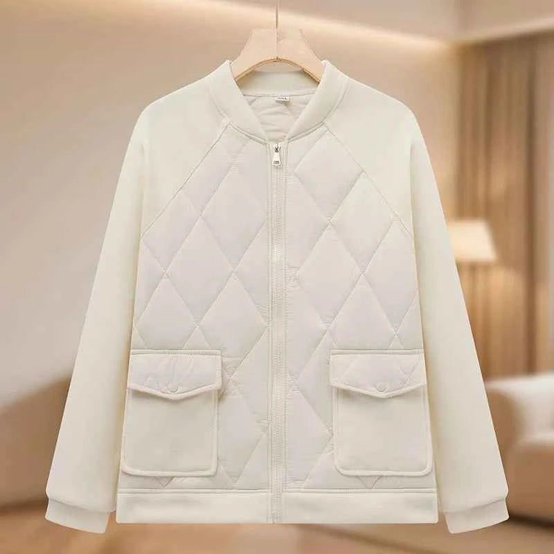 Women Padded Jacket round neck Long Sleeves patchwork coat Winter Warm Top Outerwear