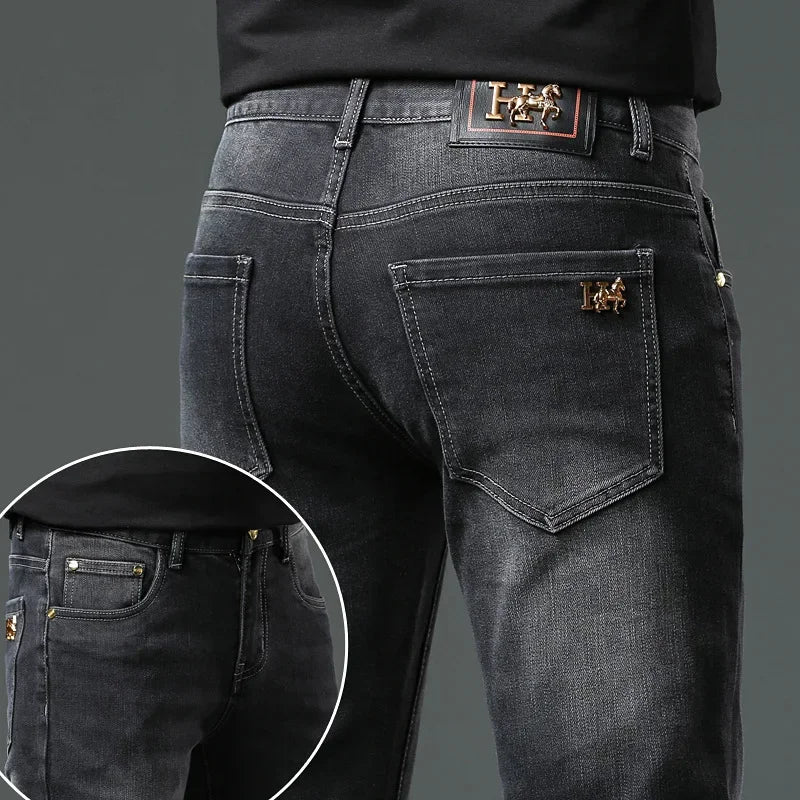 H Home Autumn/Winter Thickened European Style High-End Jeans Men's Trendy Brand Slims Smooths Your Silhouette Small Footed Trend