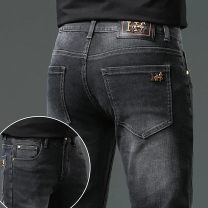 H Home Autumn/Winter Thickened European Style High-End Jeans Men's Trendy Brand Slims Smooths Your Silhouette Small Footed Trend