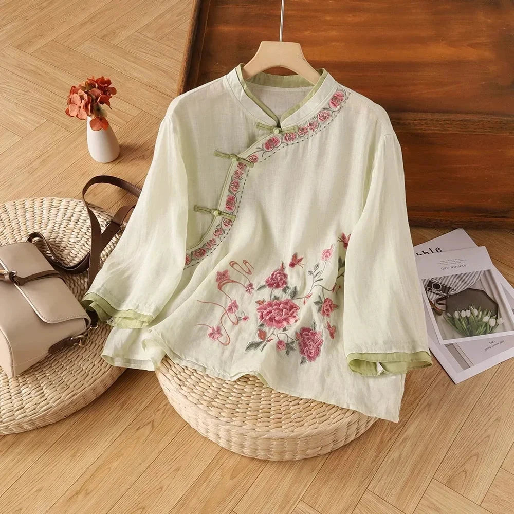 Casual Loose Blouse Shirt Women Clothes Summer Cotton Linen Ladies Tops Tee Blusas Vintage Embroidery Woman Shirt Camiseta Mujer