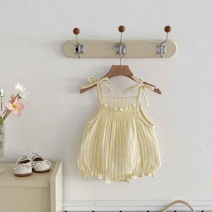 Summer baby clothes Korean thin striped suspenders bow triangle jumpsuit, sweet and cute baby jumpsuit, suitable for going out - AMULET RING STORE