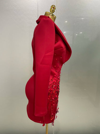 Sparkly Crystal Chains Pearls Long Sleeve Mini Dress 2025 Women Birthday Evening Party Nightclub Outfit Singer Wedding Costume - AMULET RING STORE