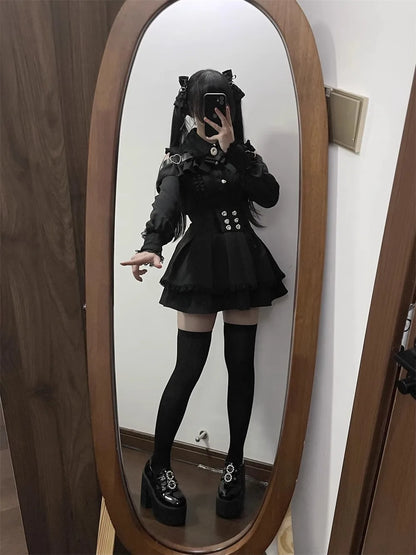 Sweet Gothic Lolita Two Piece Set, Off Shoulder Blouse + High Waist Skirt, Kawaii Tri-color Lace Coord Outfit for Women & Teens