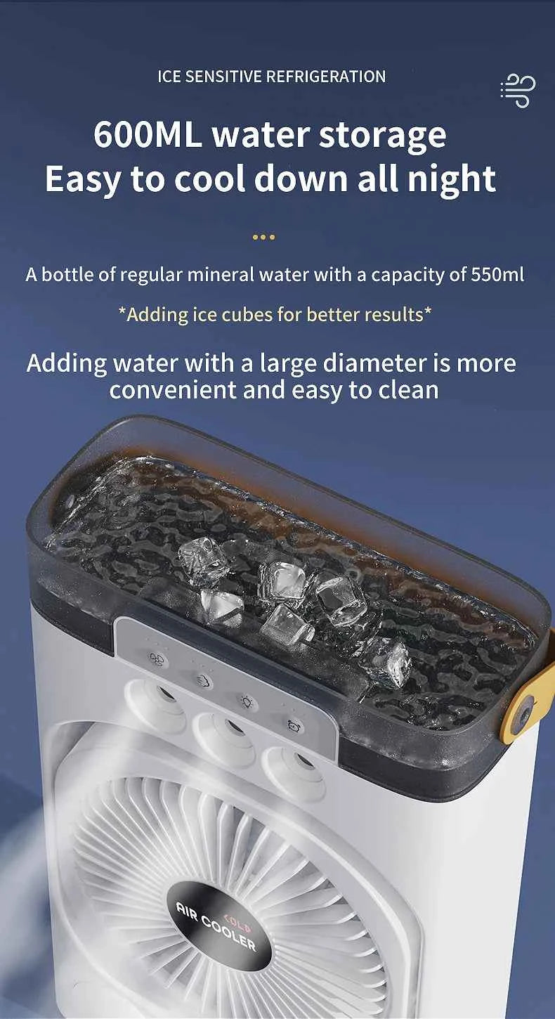 Portable air conditioning fan household 5000 mA desk humidifier small fan office three hole spray fan with color night light