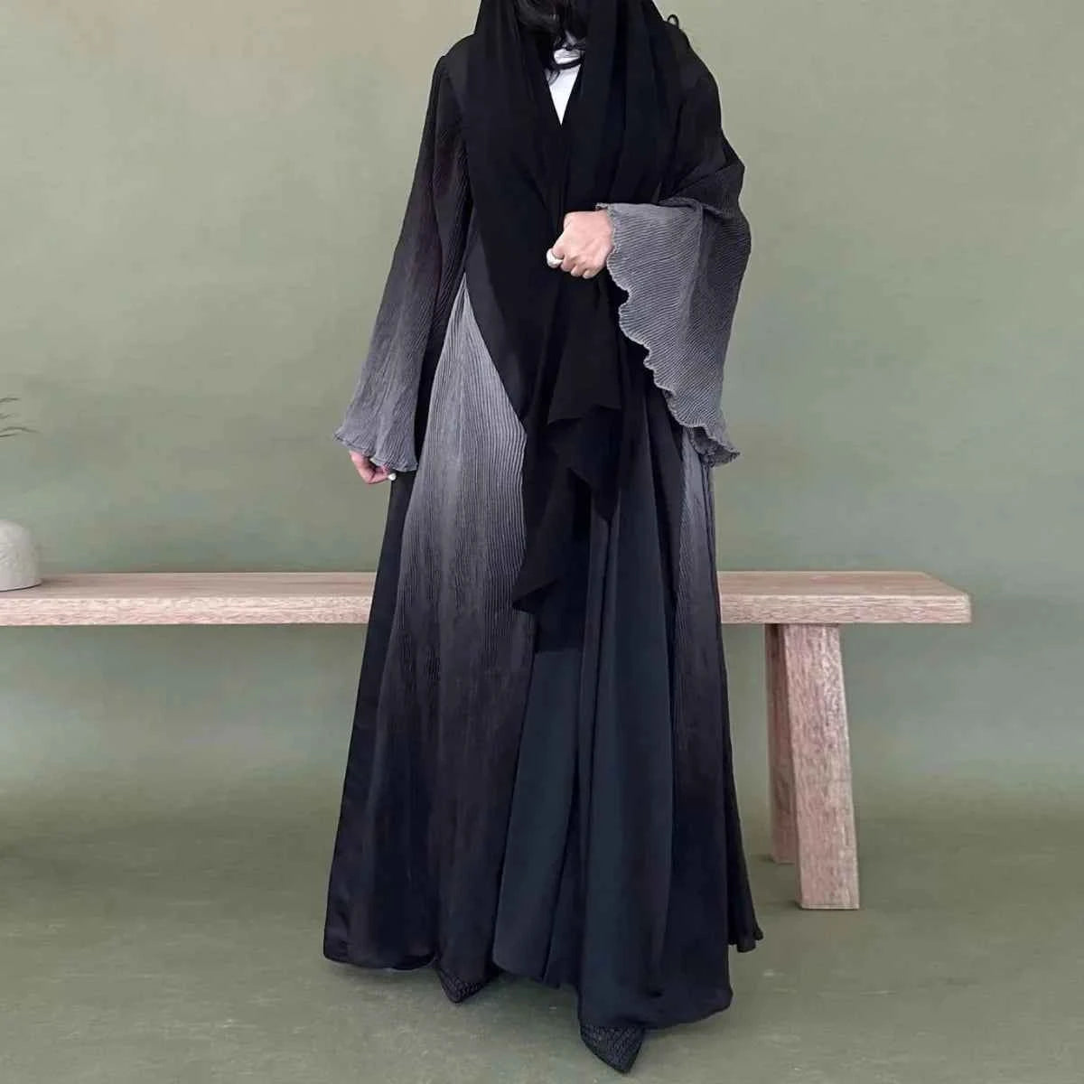 Middle Eastern Women Abayas Casual Kaftans Arabian Maxi Dresses Long Sleeve Pleated Open Front Abaya Jilbabs Without Hajib