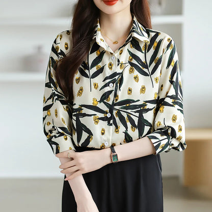 2025 Spring Autumn New Office Lady Blouse Fashion Floral Printed Shirt Turndown Collar Med-Length Long Sleeve Women Tops