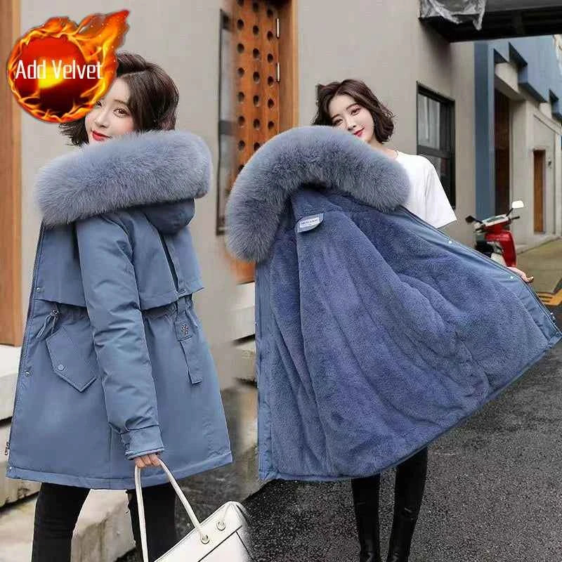 2025 Winter Women's Parka Cotton Padded Coat Korean Style Mid Length Waist Cinching Thickened for Cold Suitable for Short Girls