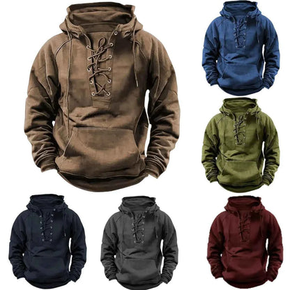 2025 Men's Autumn Winter Outdoor Casual Jacket: Retro Lace-Up, Loose Fit, Pure Color Long Sleeve Hooded Sweatshirt