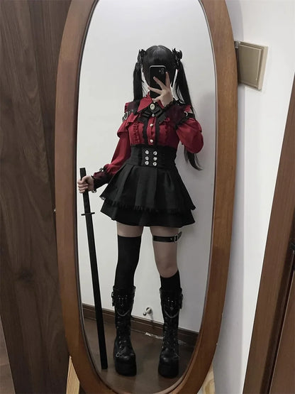Sweet Gothic Lolita Two Piece Set, Off Shoulder Blouse + High Waist Skirt, Kawaii Tri-color Lace Coord Outfit for Women & Teens