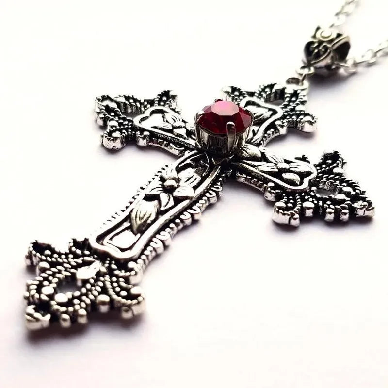 Large Detailed Cross Black Drill Jewel Necklace Silver Color Tone Pendant Goth Punk Jewellery Fashion Charm Statement Women Gift - AMULET RING STORE